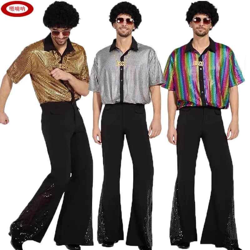 Adult Men's 70s 80s Classic Disco Outfit Shiny Shirt Flared Pants Accessories Set Bright Polyester Fabric Stage Costume