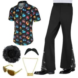 Adult Men's 70s 80s Classic Disco Outfit Shiny Shirt Flared Pants Accessories Set Bright Polyester Fabric Stage Costume
