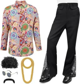 Adult Men's 70s 80s Classic Disco Outfit Shiny Shirt Flared Pants Accessories Set Bright Polyester Fabric Stage Costume