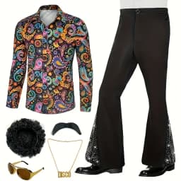 Adult Men's 70s 80s Classic Disco Outfit Shiny Shirt Flared Pants Accessories Set Bright Polyester Fabric Stage Costume