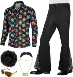 Adult Men's 70s 80s Classic Disco Outfit Shiny Shirt Flared Pants Accessories Set Bright Polyester Fabric Stage Costume
