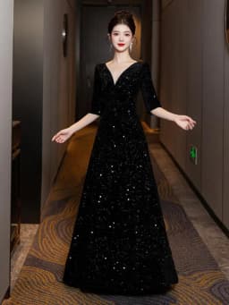 Ele Evening Gown Sparkling Sequins Slimming Performance Dr for Women Chorus Performance Piano Concert Host Dr