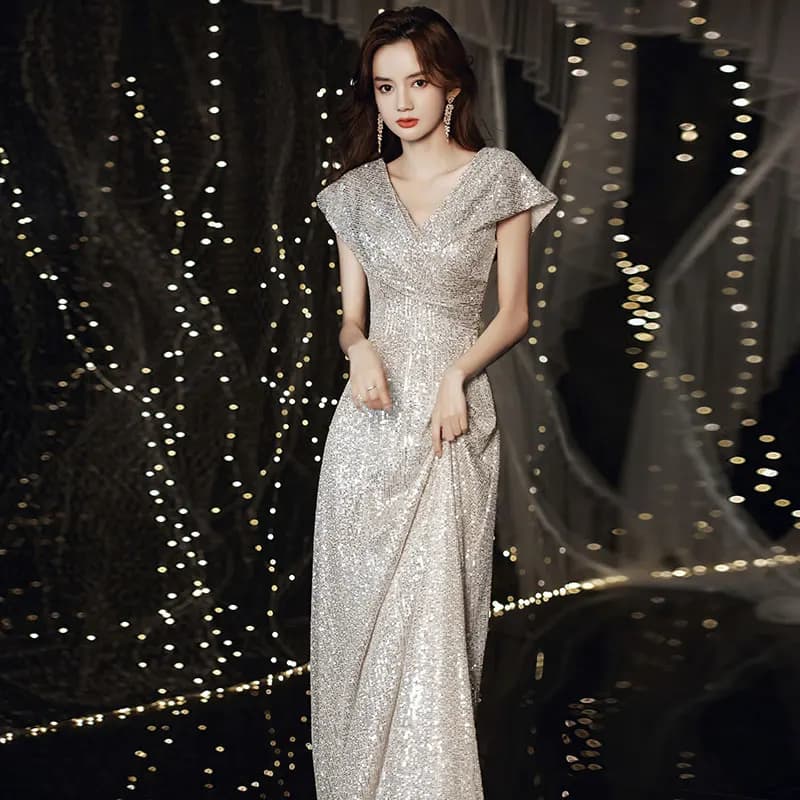 Elegant Sequin V-Neck Evening Gown Performance Hostess Dress Luxury Light Weight Ball Dress for Party Wedding Anniversary