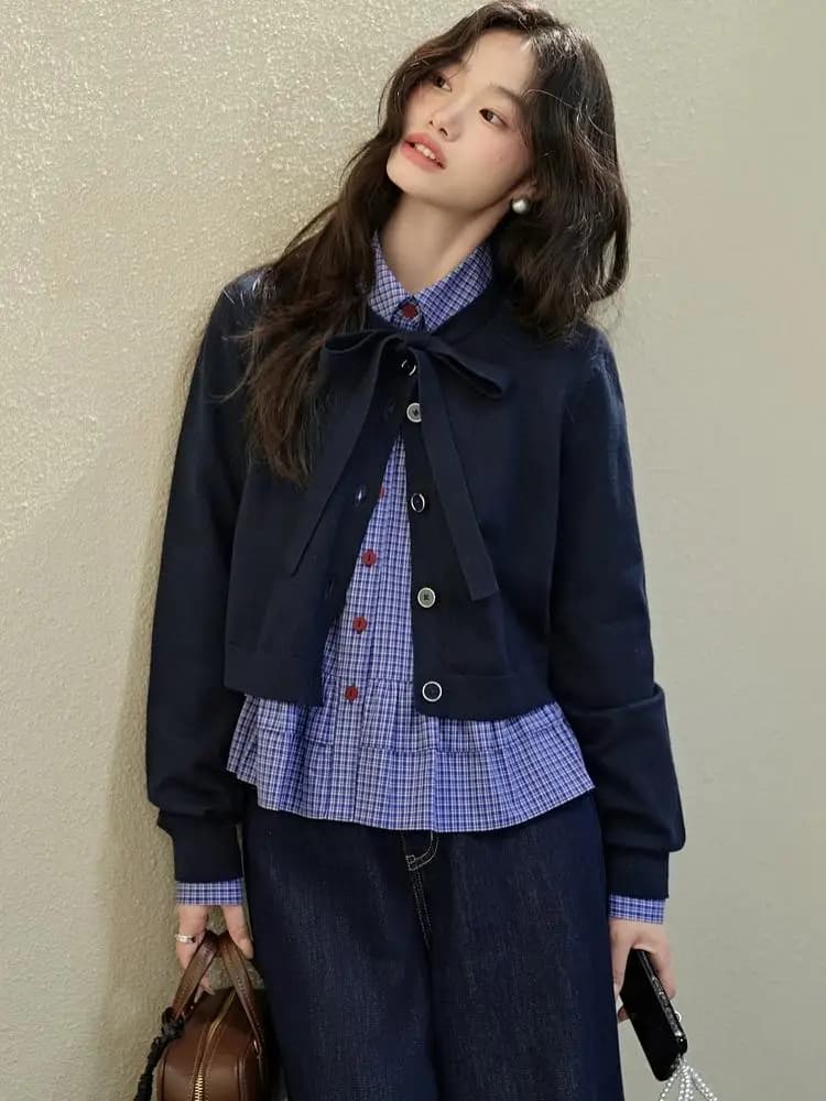 Dark Blue Knitted Sweater with Bow Design Open Cardigan Short Outerwear for Women Early Autumn Winter New Style Korean Version