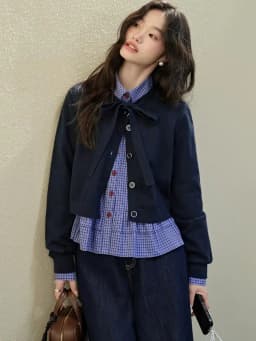 Dark Blue Knitted Sweater with Bow Design Open Cardigan Short Outerwear for Women Early Autumn Winter New Style Korean Version