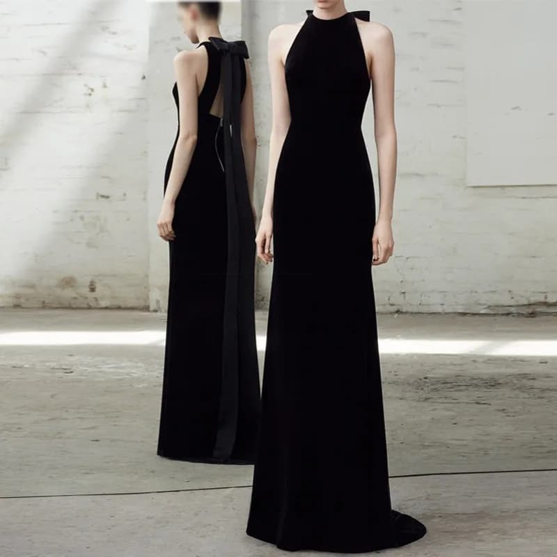 Elegant Velvet Fish Tail Wedding Dress Neck Hanging Gown Women's Formal Ball Dresses Sexy One Shoulder Long Skirt for Toast