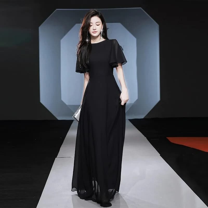 Elegant plus Size Black Evening Gown Women's Dress Conceals Belly for Banquet Slimming Aesthetic High Waist Wedding Dress