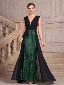 Evening Gown with Shiny Sequin Sleeves for plus Size Women Elegant Long Dress for Party Wedding Performance And Daily Use
