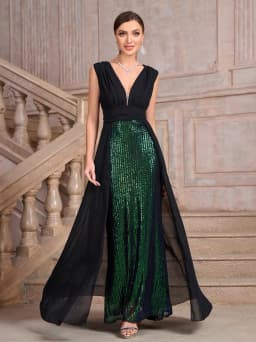 Evening Gown with Shiny Sequin Sleeves for plus Size Women Elegant Long Dress for Party Wedding Performance And Daily Use