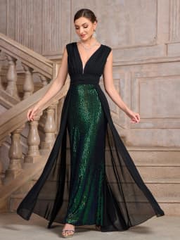 Evening Gown with Shiny Sequin Sleeves for plus Size Women Elegant Long Dress for Party Wedding Performance And Daily Use