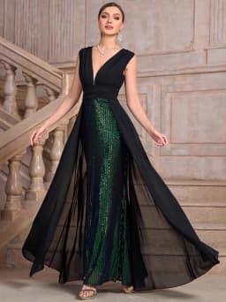 Evening Gown with Shiny Sequin Sleeves for plus Size Women Elegant Long Dress for Party Wedding Performance And Daily Use