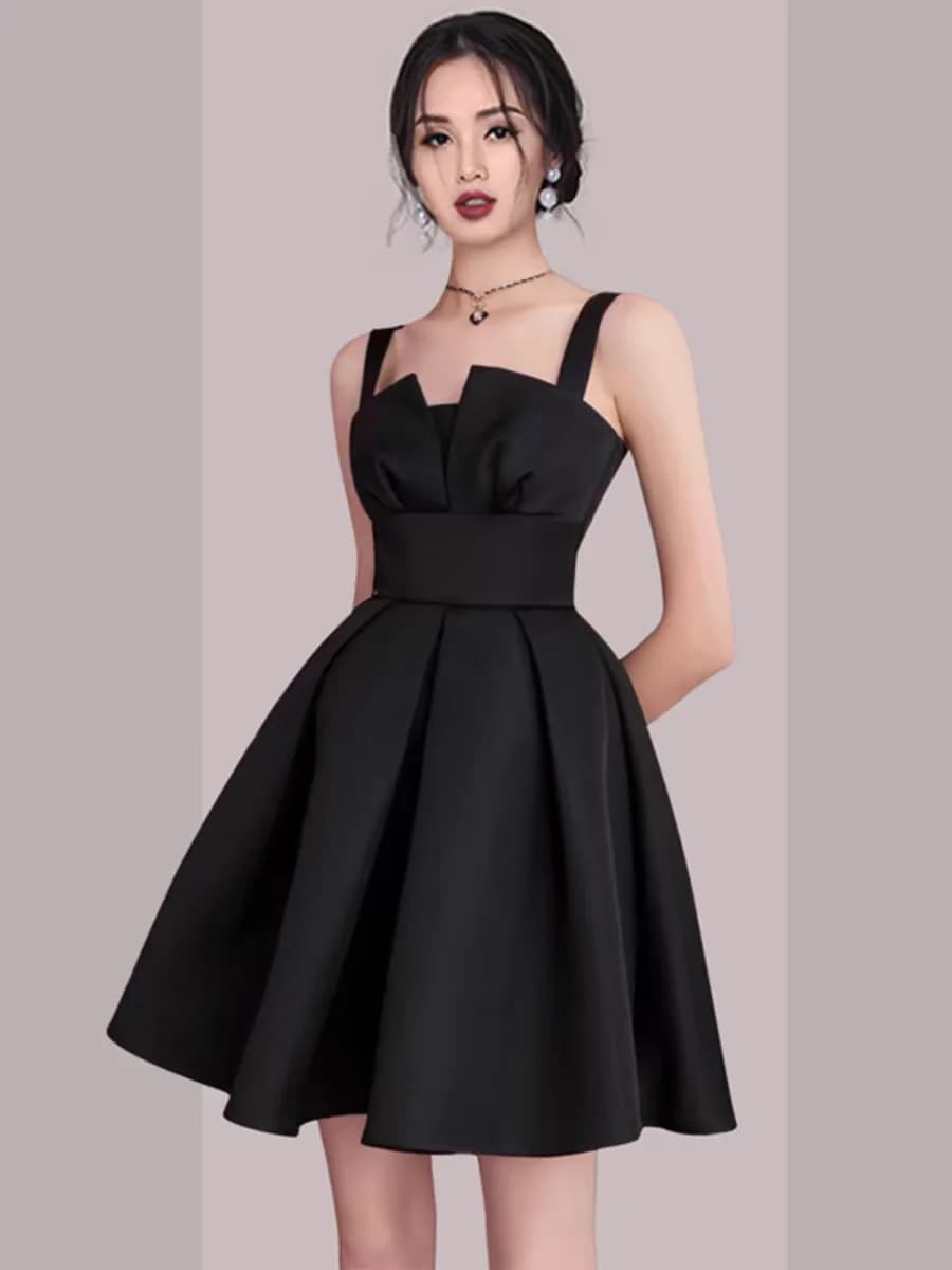 Elegant Satin Shoulder Double-Breasted Short Dress Hepburn Style Little Black Dress Party Outfit Sister Matching Evening Gown