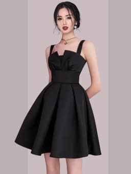 Elegant Satin Shoulder Double-Breasted Short Dress Hepburn Style Little Black Dress Party Outfit Sister Matching Evening Gown