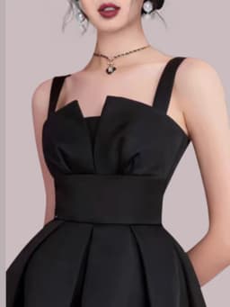 Elegant Satin Shoulder Double-Breasted Short Dress Hepburn Style Little Black Dress Party Outfit Sister Matching Evening Gown