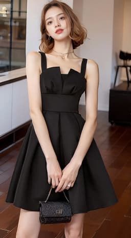 Elegant Satin Shoulder Double-Breasted Short Dress Hepburn Style Little Black Dress Party Outfit Sister Matching Evening Gown