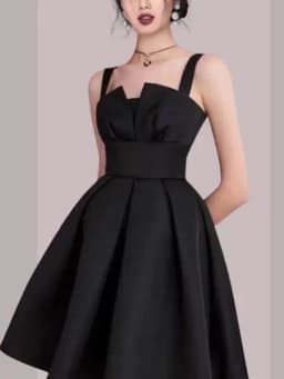 Elegant Satin Shoulder Double-Breasted Short Dress Hepburn Style Little Black Dress Party Outfit Sister Matching Evening Gown