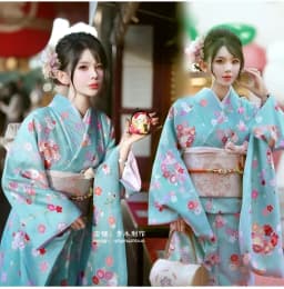 New Long Kimono Dress Women's Style Improved Version Fireworks Conference Bathrobe Set Light Blue Traditional Japanese Costume