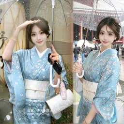 New Long Kimono Dress Women's Style Improved Version Fireworks Conference Bathrobe Set Light Blue Traditional Japanese Costume