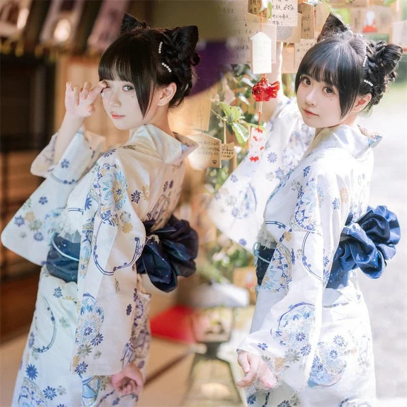 New Long Kimono Dress Women's Style Improved Version Fireworks Conference Bathrobe Set Light Blue Traditional Japanese Costume