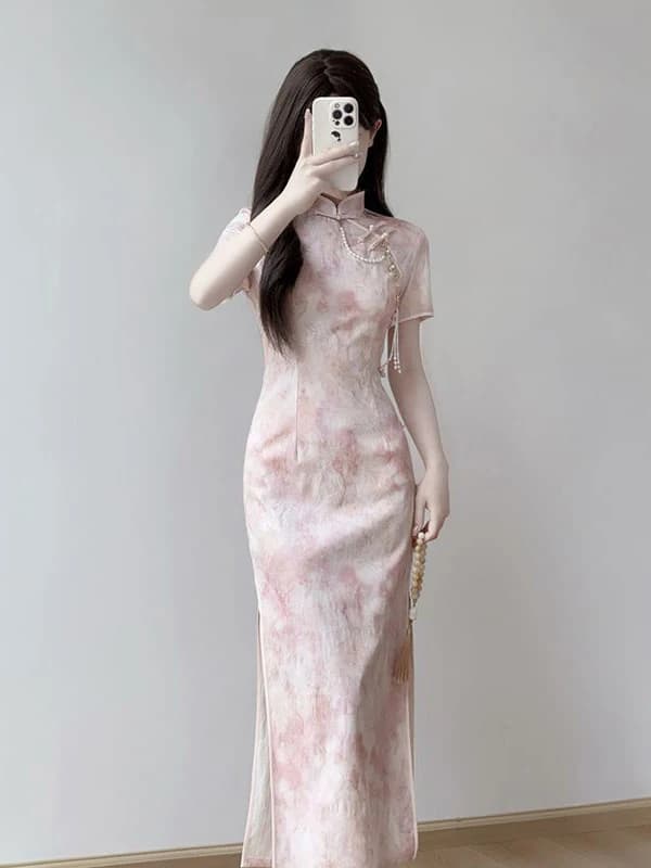 Pink Slim Fit Young Style Chinese New Version Summer Dress Short Sleeve Daily Wear Polyester Fiber Retro Style
