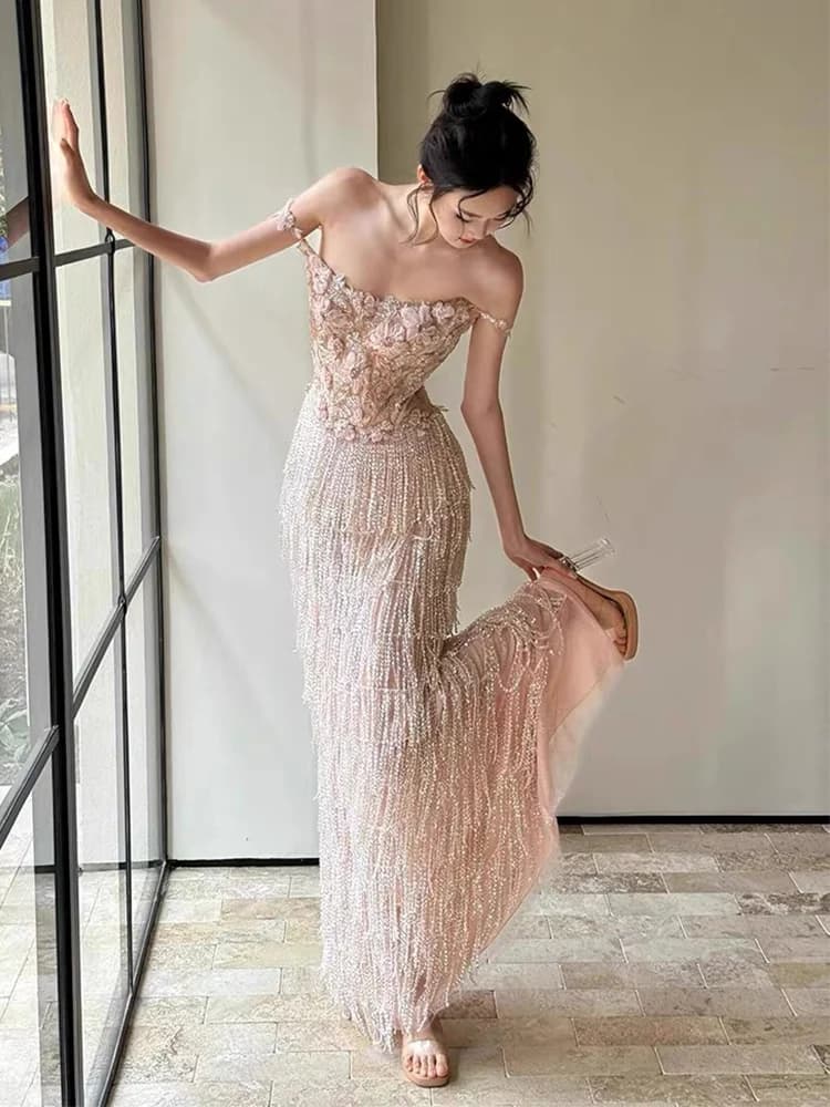 Elegant Long Evening Gown for Women Wedding Dress Customizable Bridal Robe Drinking Ceremony Dress Luxury Fringe Detail
