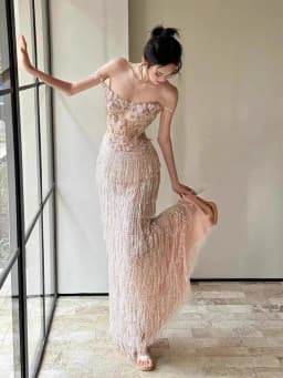 Elegant Long Evening Gown for Women Wedding Dress Customizable Bridal Robe Drinking Ceremony Dress Luxury Fringe Detail