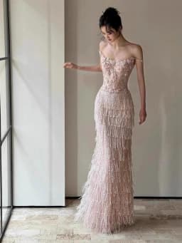 Elegant Long Evening Gown for Women Wedding Dress Customizable Bridal Robe Drinking Ceremony Dress Luxury Fringe Detail