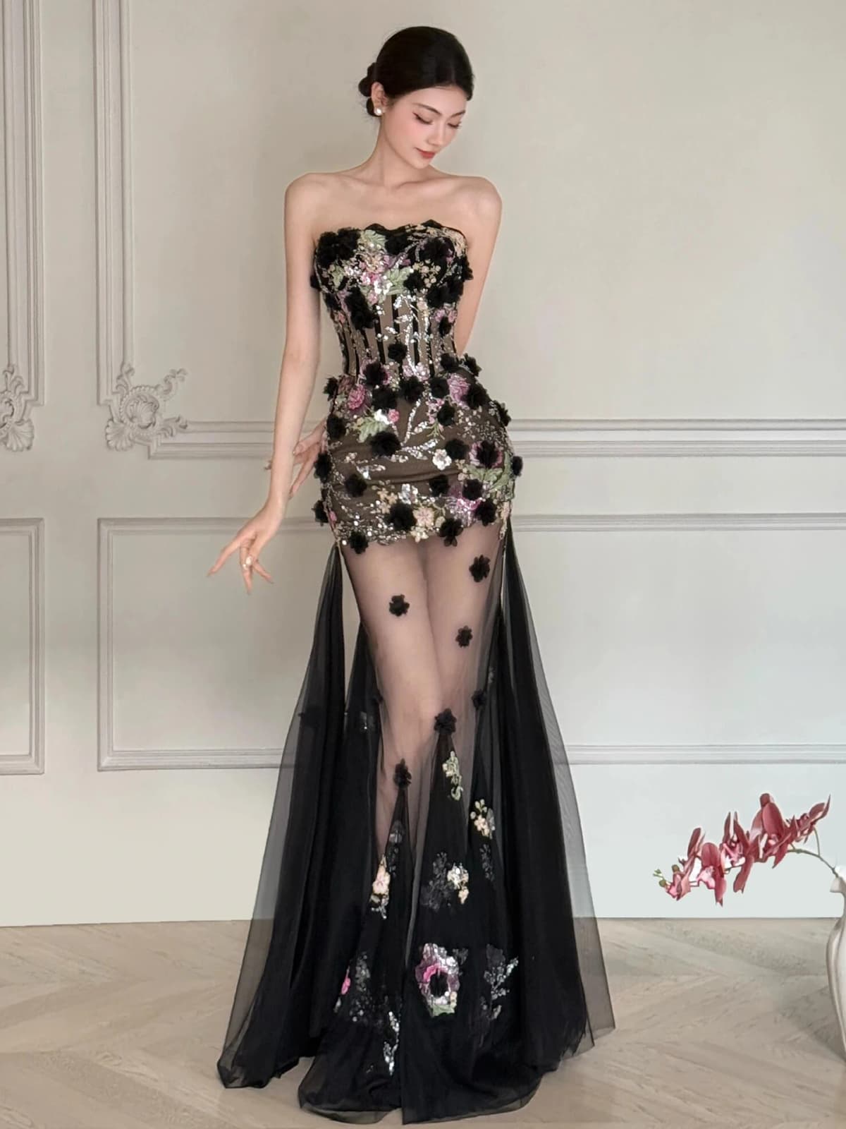 Sexy Fish Tail Evening Gown with Strapless Design Performance Hostess Wedding Party Long Dress Luxury Elegant Floral Pattern