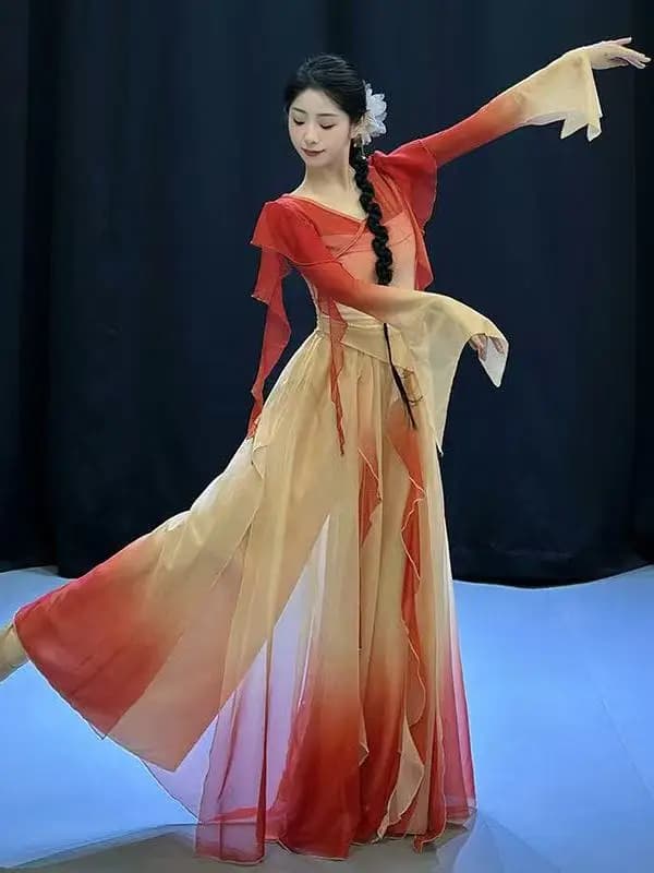 Gradual Change Dance Costume Elegant Double Layer Skirt Stage Performance Outfit Classic Dance Apparel Ethereal Drifting Gown