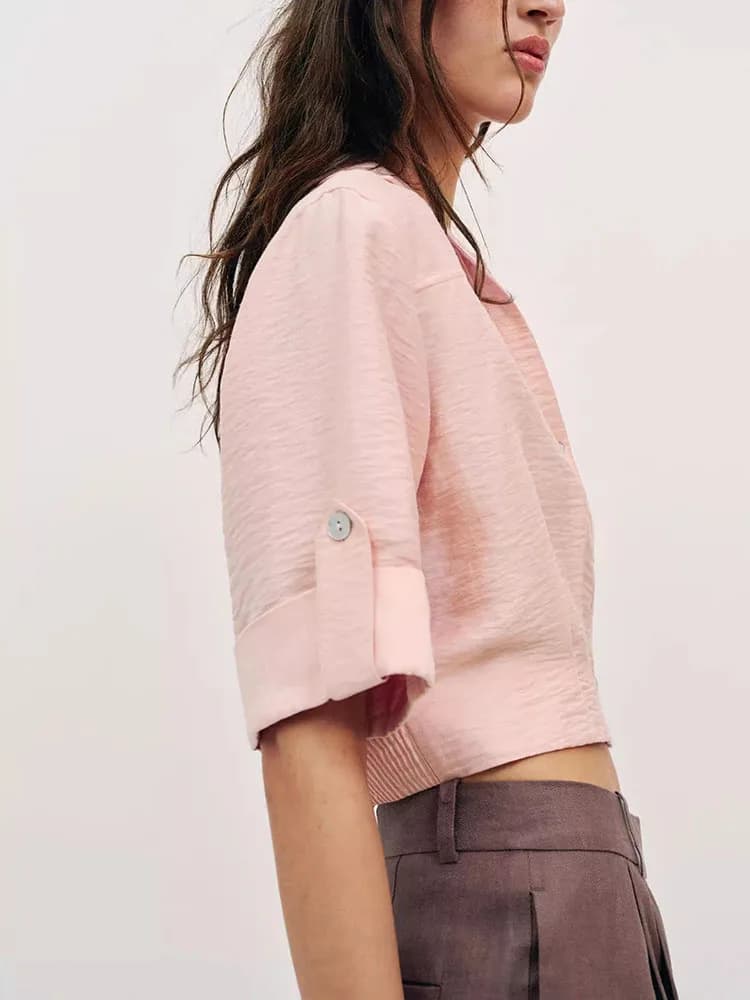 Sweet Short Sleeve Turn-down Collar Shirt New Summer Collection Women's Fashionable Elegant -length Blouse 18-25 Years Old