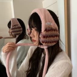 Korean Sweet Pink Hand-knitted Plush Earmuffs for Women Autumn and Winter Travel To Keep Warm and Versatile Hair Accessories