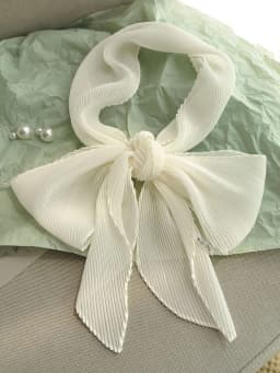 Fashionable Korean Style Pure Color Long Rectangle Silk Scarf Spring Summer Small Bowtie Wrap Versatile Pleated Trendy Neck W...