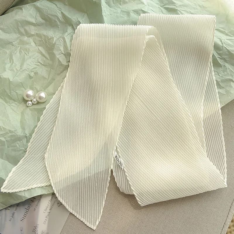 Fashionable Korean Style Pure Color Long Rectangle Silk Scarf Spring Summer Small Bowtie Wrap Versatile Pleated Trendy Neck W...