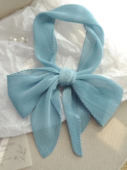 Fashionable Korean Style Pure Color Long Rectangle Silk Scarf Spring Summer Small Bowtie Wrap Versatile Pleated Trendy Neck W...