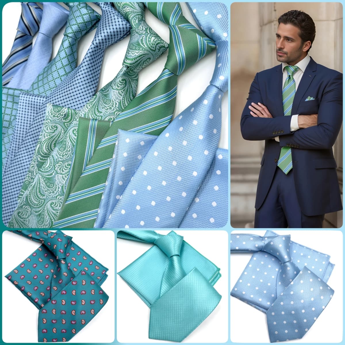 Mens Tie Pocket Square Set Blue Green Classic Business Acceossories Necktie Handkerchief 147cm Paisley Stripes Dots Elegant