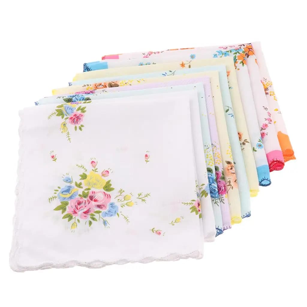 10x Women Cotton Printed Handkerchief Hanky Kerchiefs Pocket Square Blossom Design with Wavy Edge Women Handkerchiefs