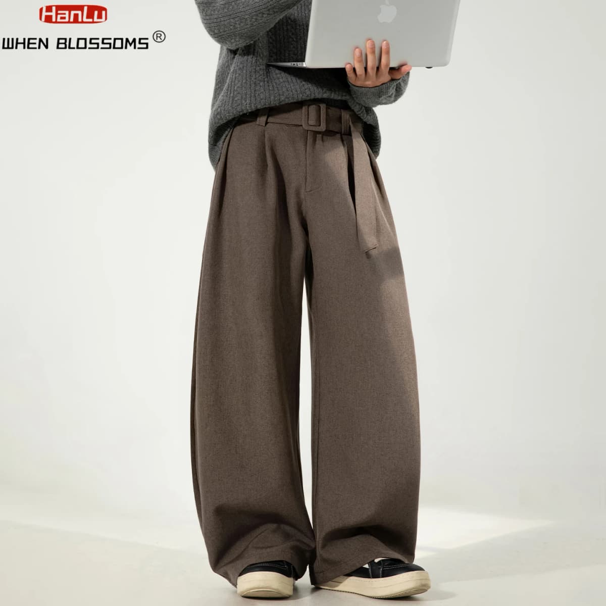 HANGLU 2025 Men's 3D Pleated Trousers J-Cut Drape Wide Leg Old Money Style Belted Formal Casual Slim Fit Pants