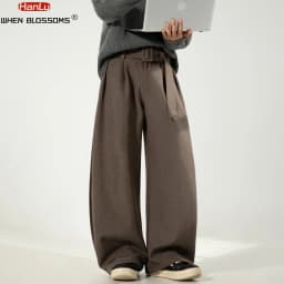 HANGLU 2025 Men's 3D Pleated Trousers J-Cut Drape Wide Leg Old Money Style Belted Formal Casual Slim Fit Pants