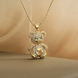 INS Design Happy Bear Pendant Necklaces For Womon,Vintage Cubic Zirconia Accessories, Stainless Steel Chain Jewelry