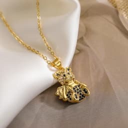 INS Design Happy Bear Pendant Necklaces For Womon,Vintage Cubic Zirconia Accessories, Stainless Steel Chain Jewelry