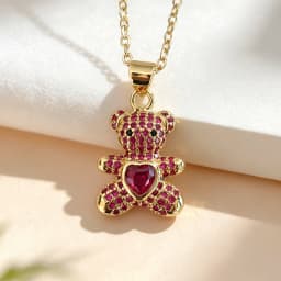 INS Design Happy Bear Pendant Necklaces For Womon,Vintage Cubic Zirconia Accessories, Stainless Steel Chain Jewelry