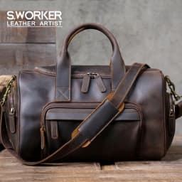 S.WORKER Vintage Genuine Leather Travel Bag Crazy Horse Cowhide Leather Duffel Bag Men's Weekender Bag Gym Bag Carry on Luggage