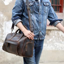 S.WORKER Vintage Genuine Leather Travel Bag Crazy Horse Cowhide Leather Duffel Bag Men's Weekender Bag Gym Bag Carry on Luggage