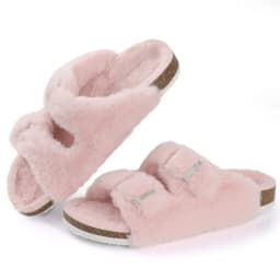 Shevalues Fuzzy Slippers Women Cork Footbed Fluffy Slide Sandals Open Toe Indoor House Shoes With Arch Support Adjustable Buckle