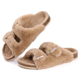 Shevalues Fuzzy Slippers Women Cork Footbed Fluffy Slide Sandals Open Toe Indoor House Shoes With Arch Support Adjustable Buckle