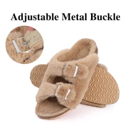 Shevalues Fuzzy Slippers Women Cork Footbed Fluffy Slide Sandals Open Toe Indoor House Shoes With Arch Support Adjustable Buckle