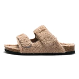 Shevalues Fuzzy Slippers Women Cork Footbed Fluffy Slide Sandals Open Toe Indoor House Shoes With Arch Support Adjustable Buckle