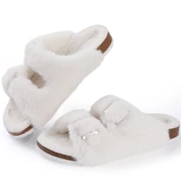 Shevalues Fuzzy Slippers Women Cork Footbed Fluffy Slide Sandals Open Toe Indoor House Shoes With Arch Support Adjustable Buckle