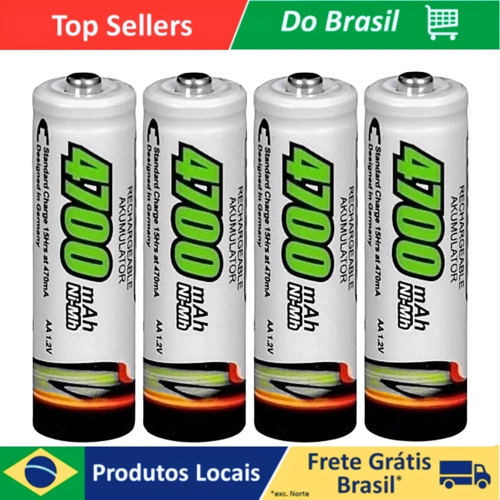 Kit 4 Pilhas Recarregáveis AA – 4700mAh Duráveis