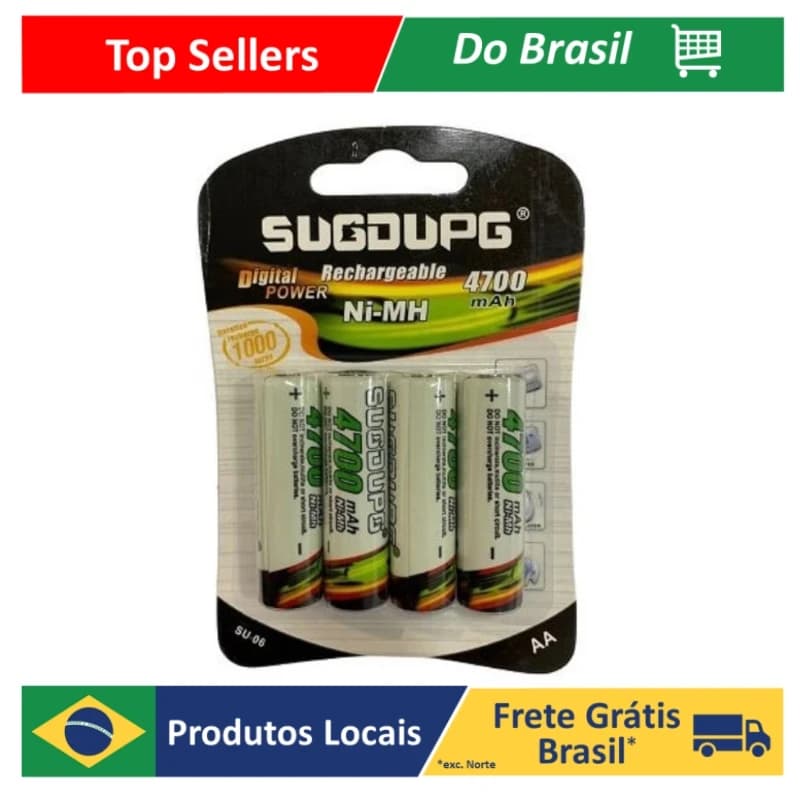 Pilha AA Sugdupg – Recarregável 4700mAh, Kit com 4 Unidades para Dispositivos Eletrônicos